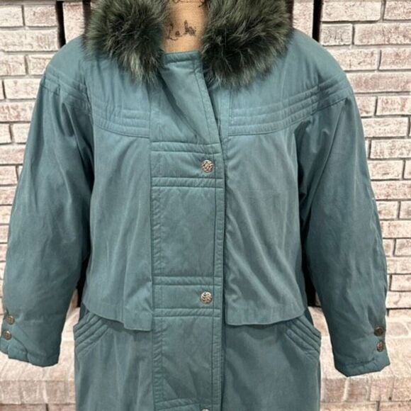 Vintage Utex Women's Snap Front Quilted Down Fur Trim Long Coat Jacket Green 10 - Picture 16 of 16